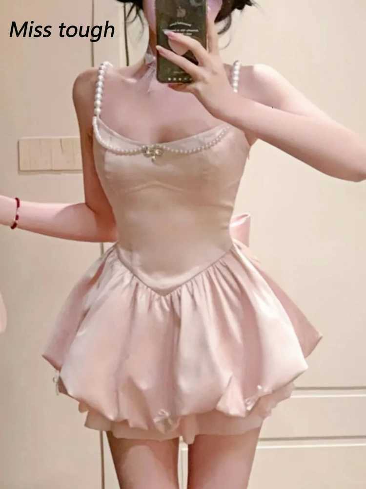 Women Sweet Satin Mini Dress Pearl Strap Puff Skirt Cute Princess Style Slim Fit Sleeveless Dress Party Holiday Summer Look 2025 R250716