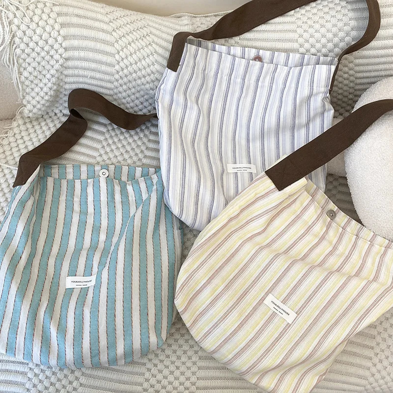 1 Piece Simplicity Korean Shoulder Bag Fashion Chic Student Striped Style Crossbody Bag High Capacity Canvas Tote Bag 250714