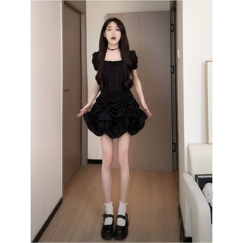 2025 One Dress Four Styles Short Sleeve Waist Slimming Ruffle Long Thin Black Tomato Red Commuting