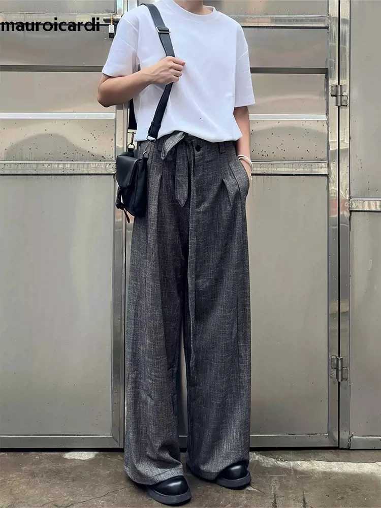 Mauroicardi Spring Long Gray Flowy Baggy Wide Leg Pants for Men Sashes Clothing Loose Casual Soft Korean Fashion Trousers 2024 y250716