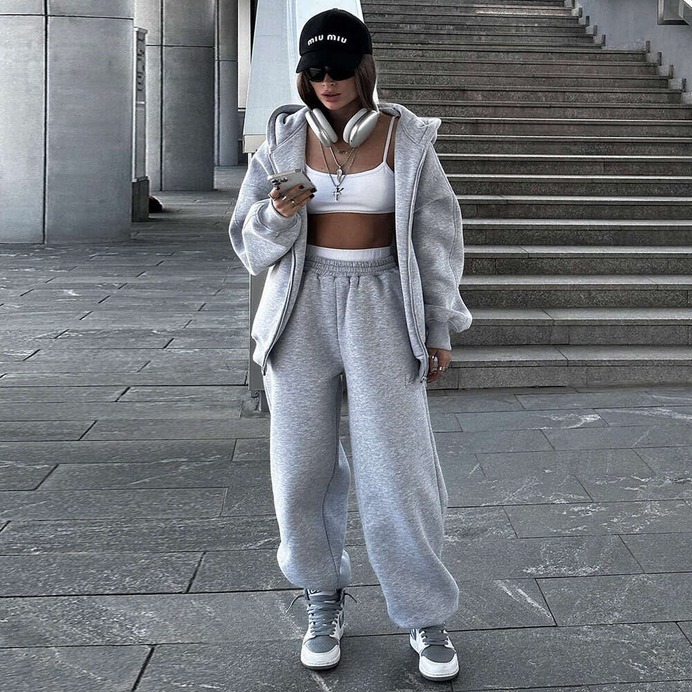 Autumn Winter New Women's Sports Casual Fleece Cardigan Sweatshirt Set B5