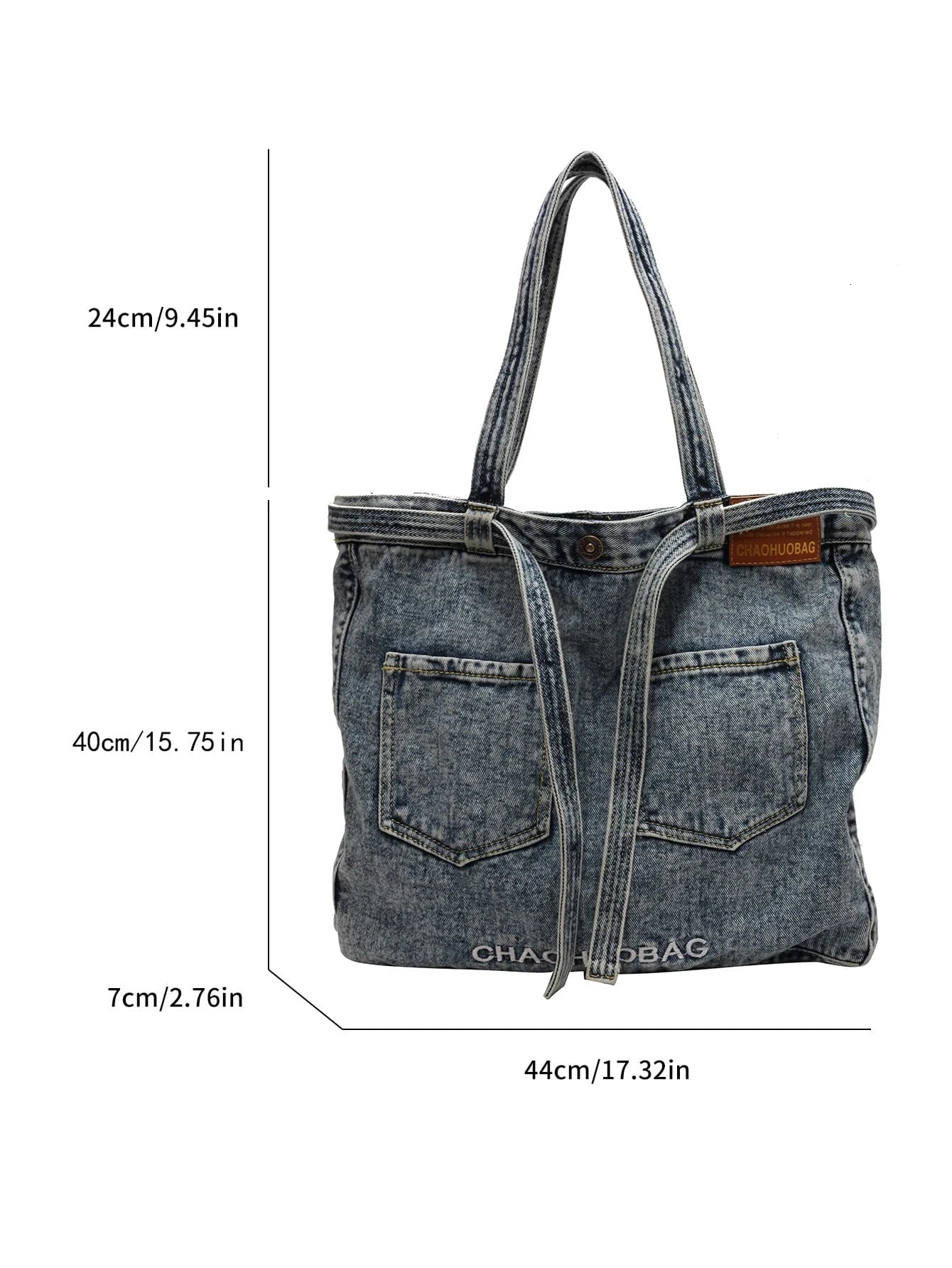 Large Shoulder Tote Bag Letter Embroidered Dual Pocket Front Double Handle Denim Fashionable Handbag Shoulder Bag 250714