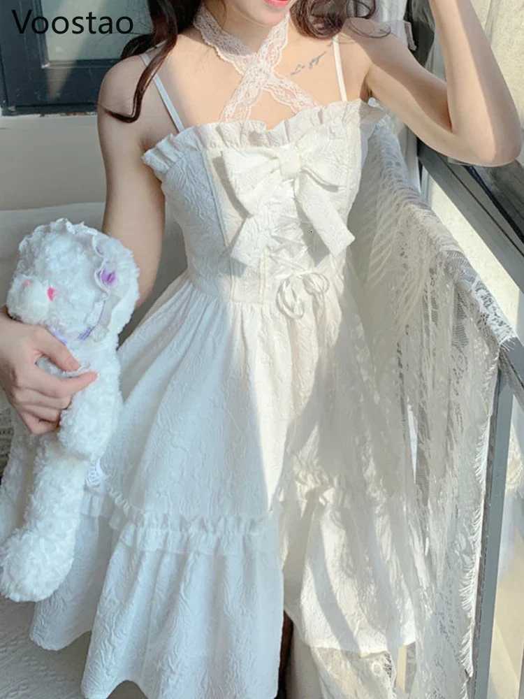 Summer White Strap Kawaii Lolita Dress Women Sexy Fairy Party Mini Dresses Casual Sweet Designer Bow Chic Korean Fashion Dress R250716