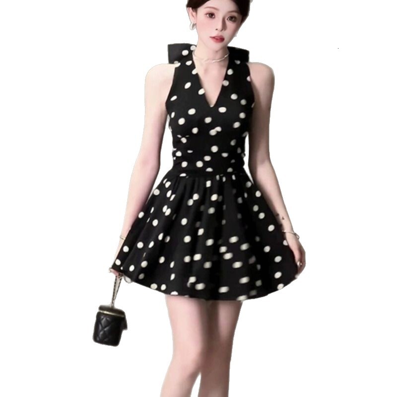 2025 French Style Bow V-neck Polka Dot Sleeveless Dress for Women Summer New Waist Slimming A-line Short