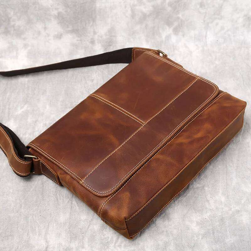 NZPJ New Shoulder Retro Top Layer Cowhide A4 File Men's Brown Handmade Crazy Horse Leather Messenger Bag