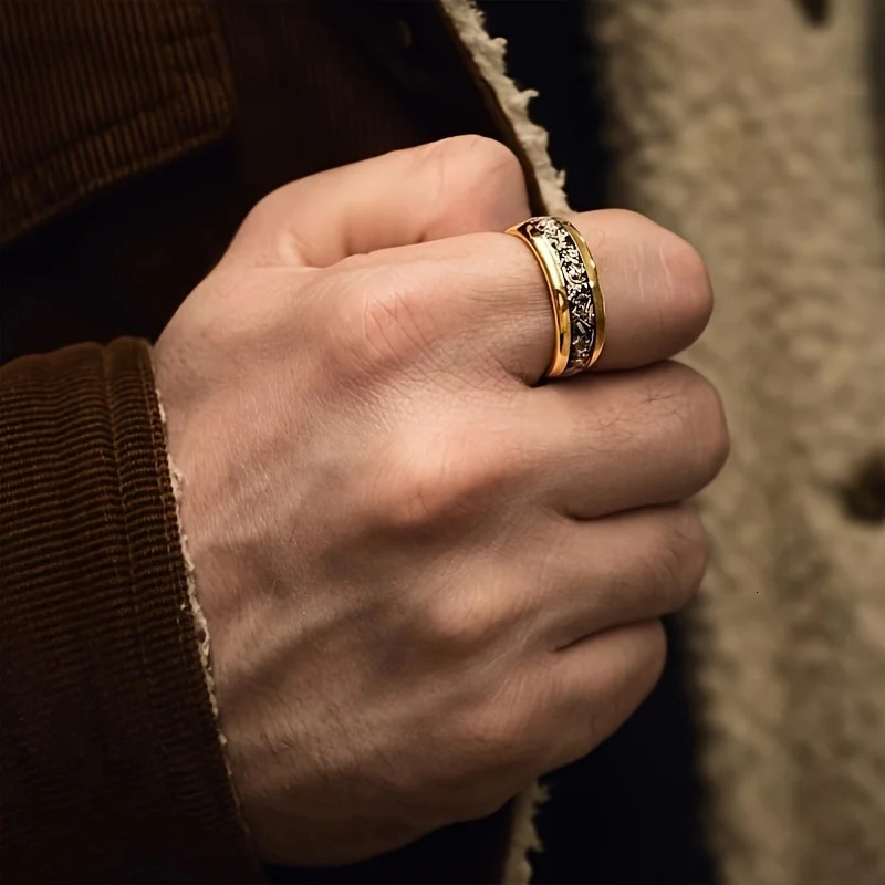 Fashion 8mm Men Stainless Steel Rings Inlay Meteorite Abalone Shell For Women Wedding Engagement Band Jewelry Gift 250715