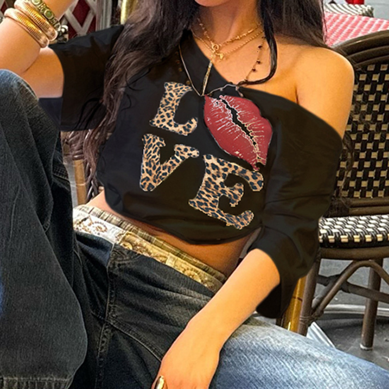 Summer New Women S T Shirt American Street Style Hot Girl Outfit Letter Print Cross Border Off Shoulder V Neck Loose Casual Versatile Short Top Design