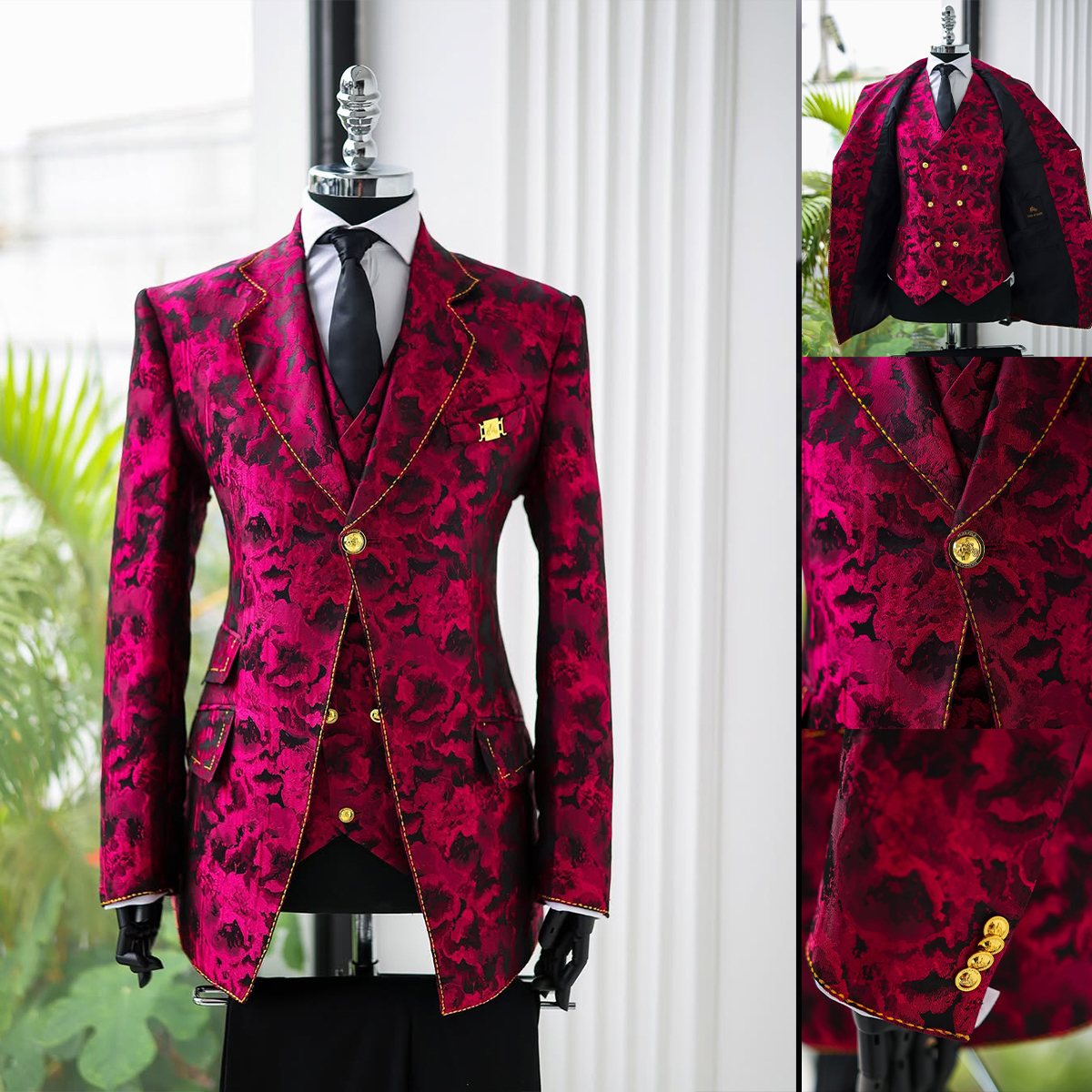 Modern Men Suits 3 Pieces Notched Lapel Jacquard Jacket Tailor-Made Blazer One Button Groom Evening Party Customized Coat Vest Pants Plus Size