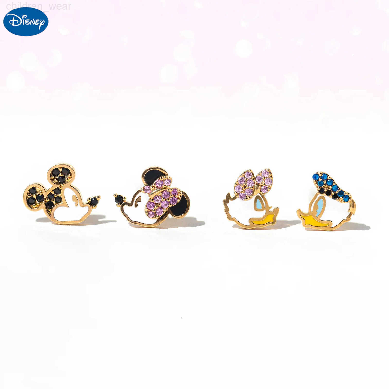 Disney 4pcs Cute Small Cartoon Animal Stud Earrings Set for Women Girls Gold Color Cubic Zircon Jewelry W20250716