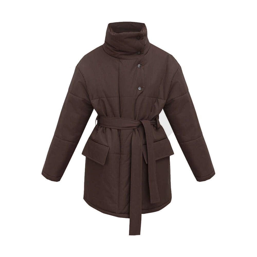 Stand Collar Autumn Winter New Style Elegant Belt Irregular Mid-Length Cotton Jacket B5