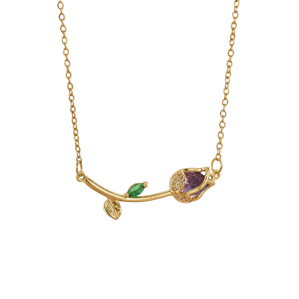 Korean Style Titanium Steel Necklace For Women, Colorful Tulip Micro Inlaid Zircon, Light Niche High-End Feel, Non-Fading Jewelry Accessories D26