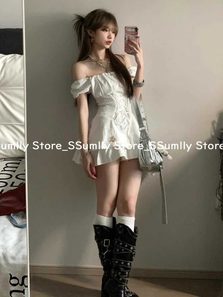 Korean Fashion Design Sense White Dress Women Solid Y2k Puff Sleeve One Piece Dress Party Summer New Elegant Slim Princess Dress R250716