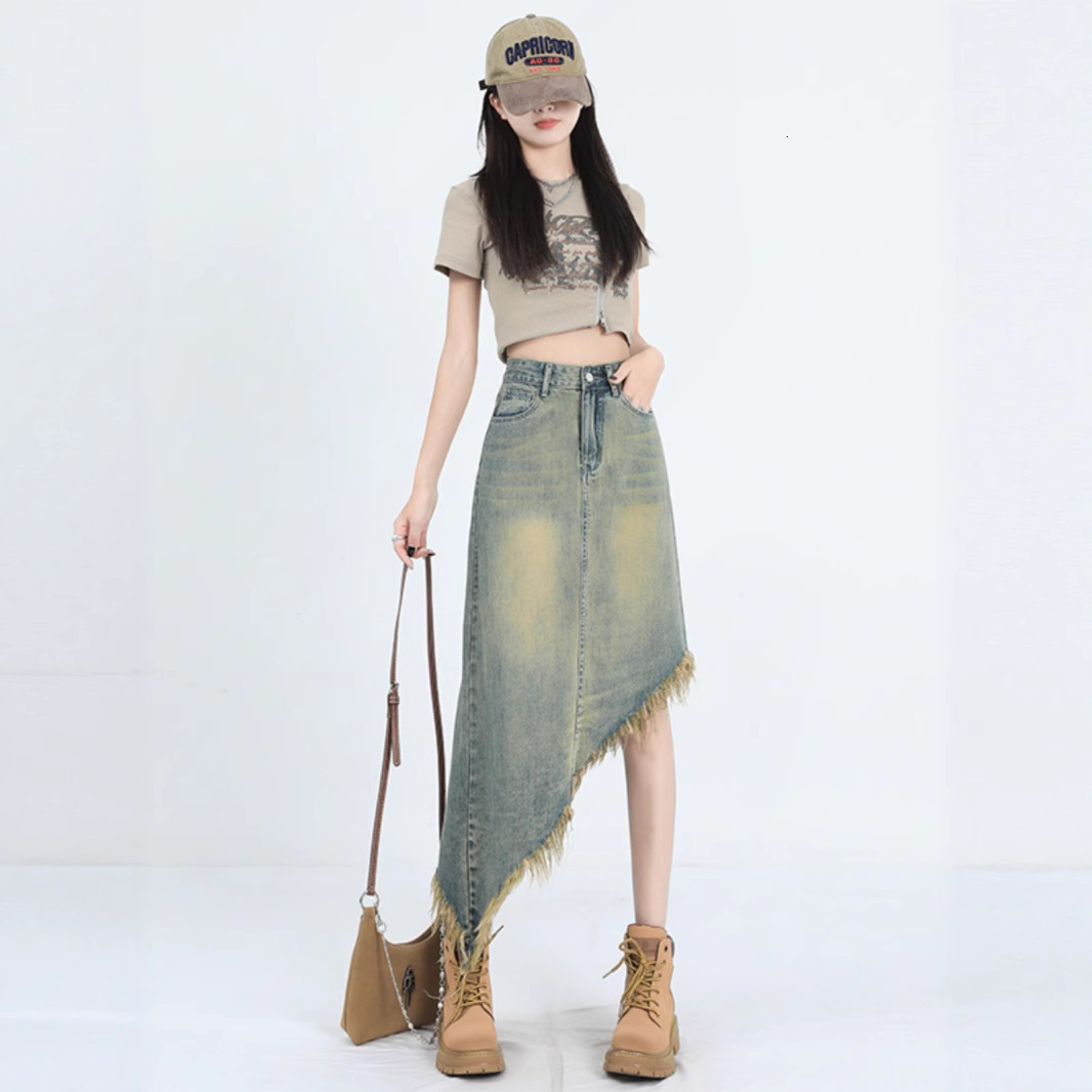 2025 Vintage High Waist A-Line Denim Skirt Women's Summer Irregular Design Long Petite Tassel