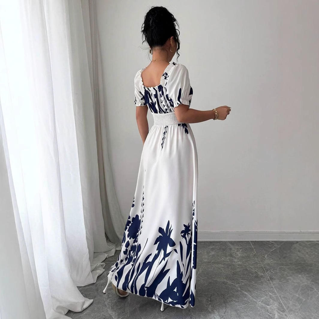 2025 Summer Amazon European and American New Style Puff Sleeve High Waist Cinched Printed Women's Flared Strap Dress