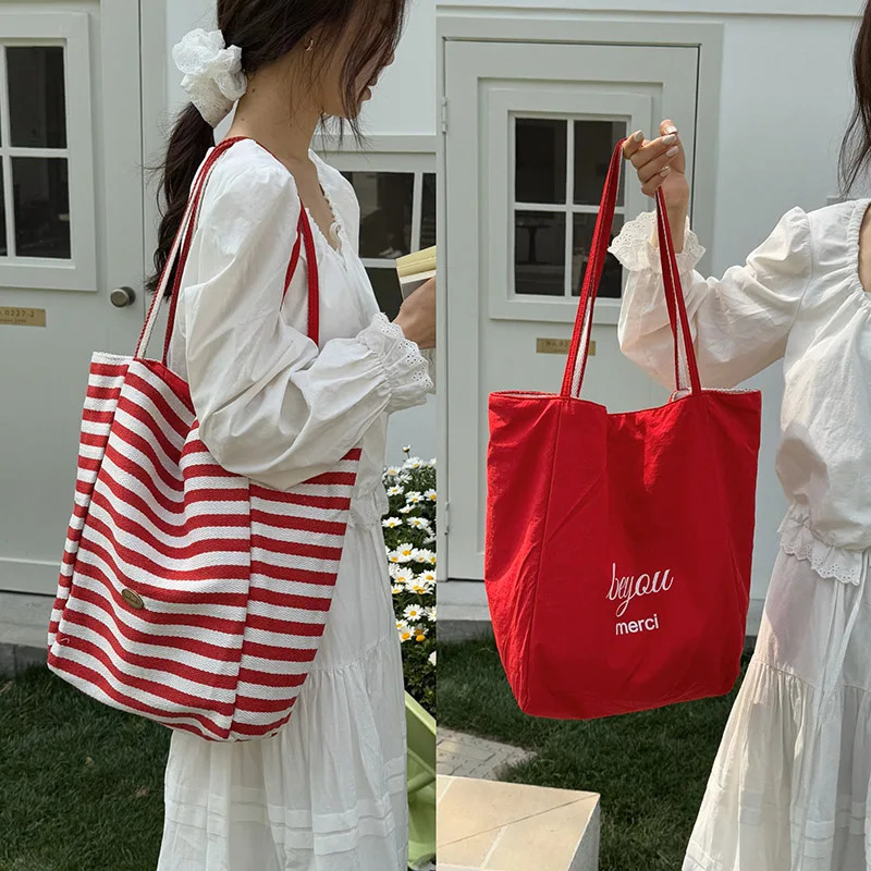 Casual Large Capacity Womens Canvas Shoulder Bags Striped Female Shopping Bag Summer Seaside Handbags Beach Tote 250714