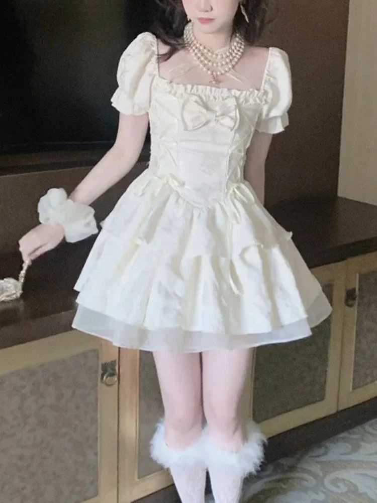 Summer New French Sweet Fairy One Piece Dress College Style Square Neck Bow A-Line Short Dress Women Elegant Party Clothes R250716