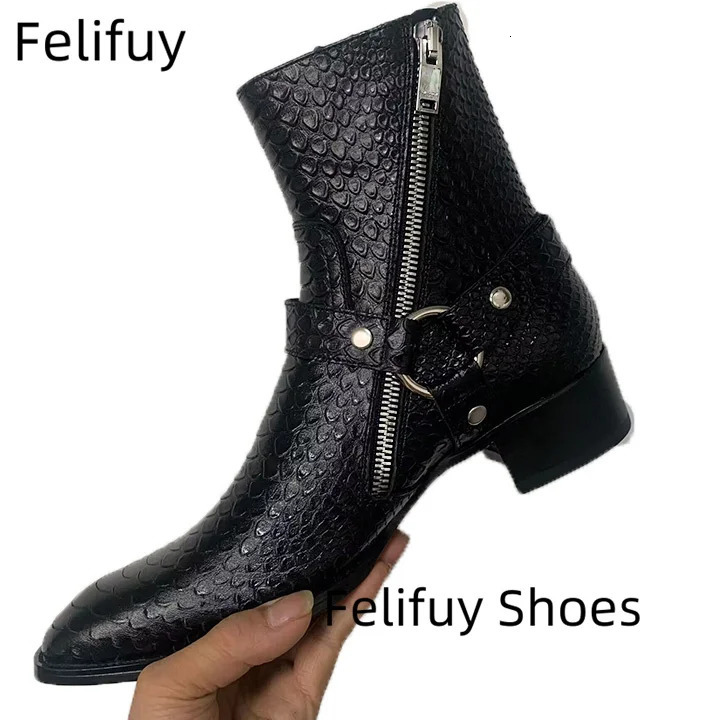 Genuine Leather Black Western Boots Snakeskin Buckle Strappy Men Ankle Boots Flats Trainers Side Zip Sapatos Shoes Men 250715
