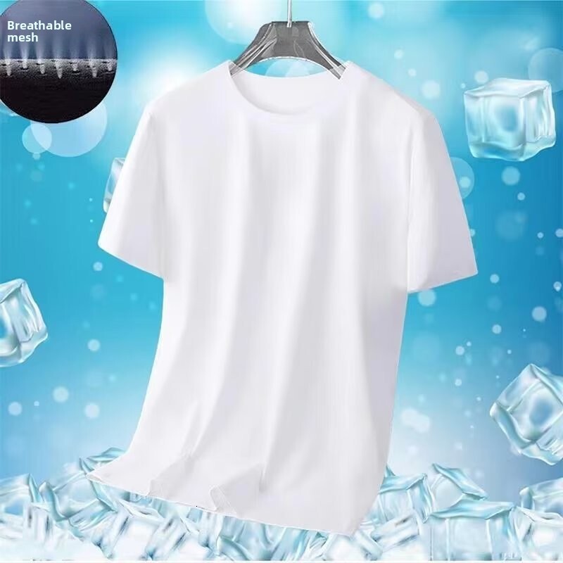 Ice Silk Mesh for Men, Summer Solid Color, Loose Fit, Plus Size, Quick-Dry, Breathable, Sports Short Sleeve, White T-Shirt m178