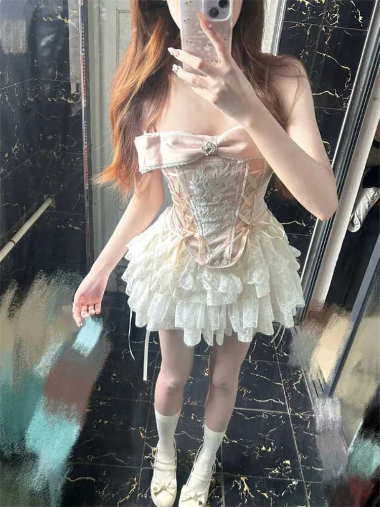 Fashion Sweet Pink Bow Slim Fit Camisole Vest+ Y2k Grungehigh Waist Ruched Lace Cake Skirts 2025 Summer New Two Piece Sets R250716