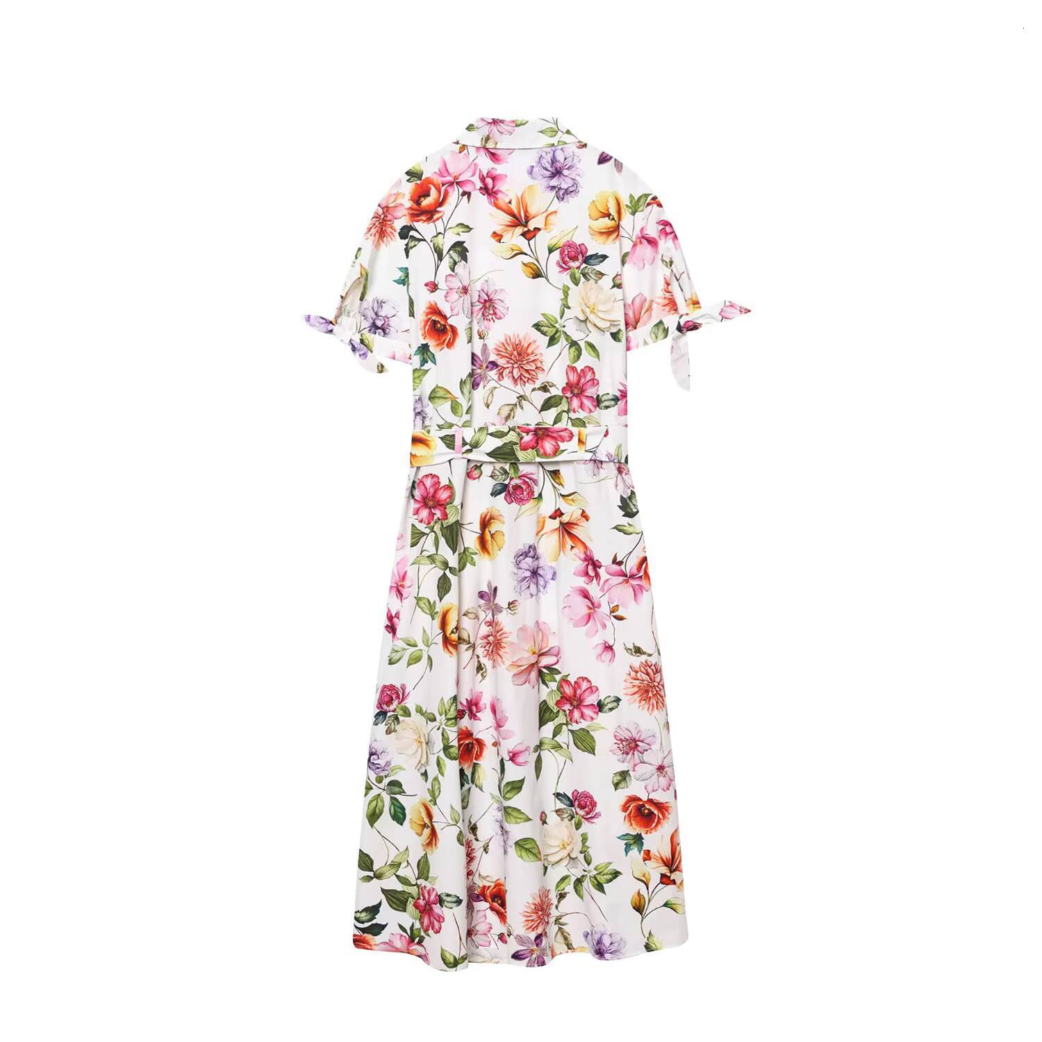 2025 Printed Short Sleeve Flip Tie Belt Temperament Summer New Style Womens Fashionable Charm Dress dongdumaoyi
