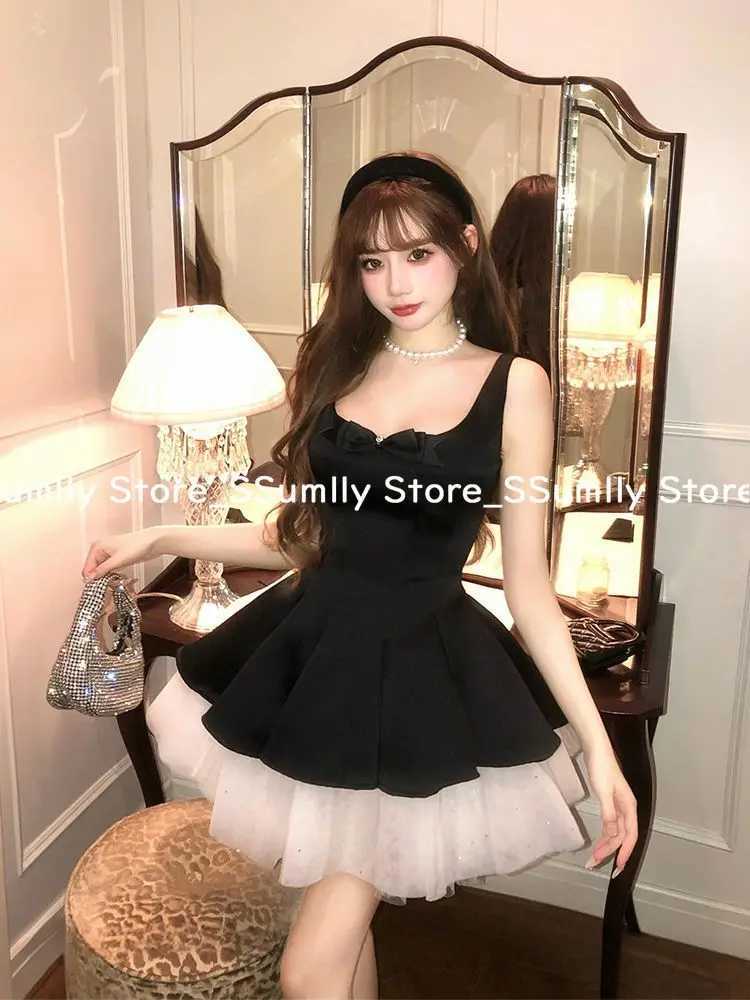 French Elegant Princess Style Slim Dress Women Mesh Black White Contrasting Puffy Dresses Summer Hepburn Chic Party Clothes 2025 R250716