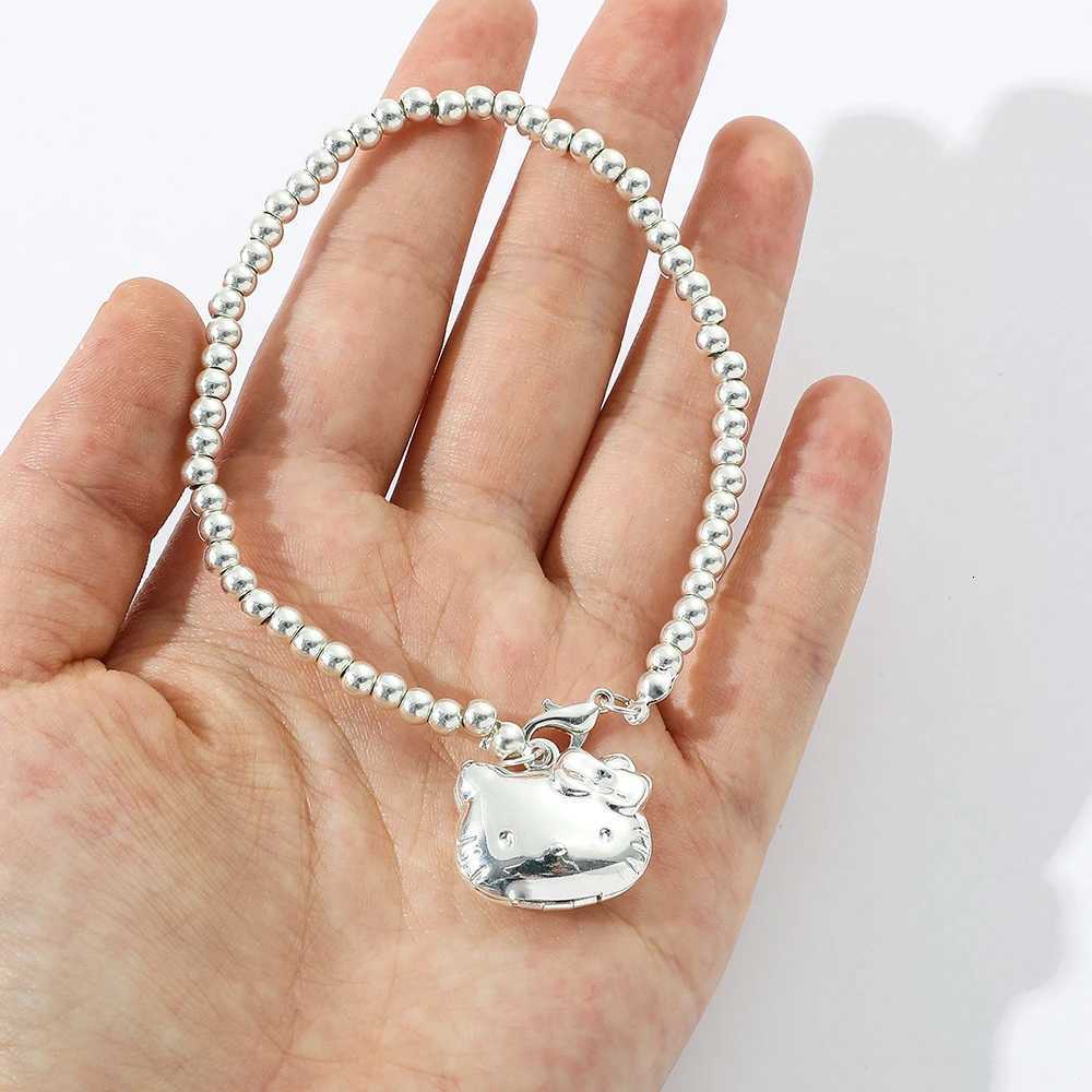 Sanrio 925 Silver Color Pendant Bracelet with Kawaii Kitty Cat for Women and Girls Student Gift Can Open Bracelet w250716