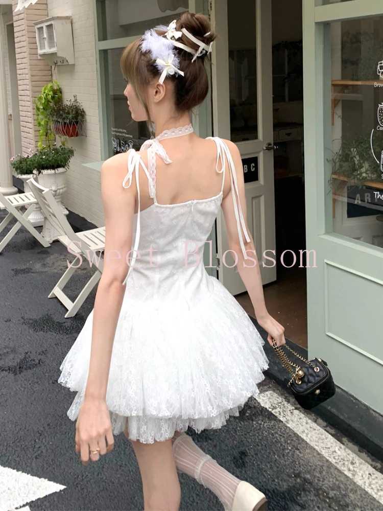 2025 Women White Lace Fluffy Sweet Strap Dress Korean Fashion Elegant Summer Party Dresses New Design Chic Slim Lovely Clothing R250716