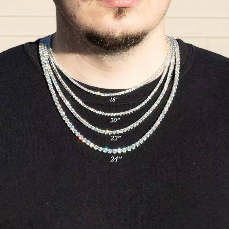 Rinntin MON01 Premium Iced Hip Hop Moissanite Necklace 925 Sterling Silver Iced Cut 2mm 3mm 4mm Moissanite Tennis Chain Necklace