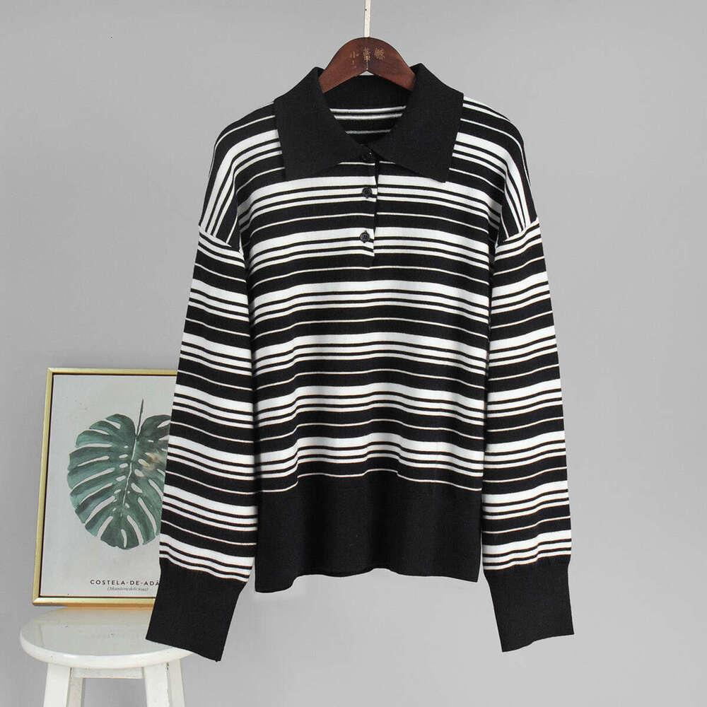 Knitwear Autumn New American Style Color-Block Striped Polo Collar Knit T-Shirt B5
