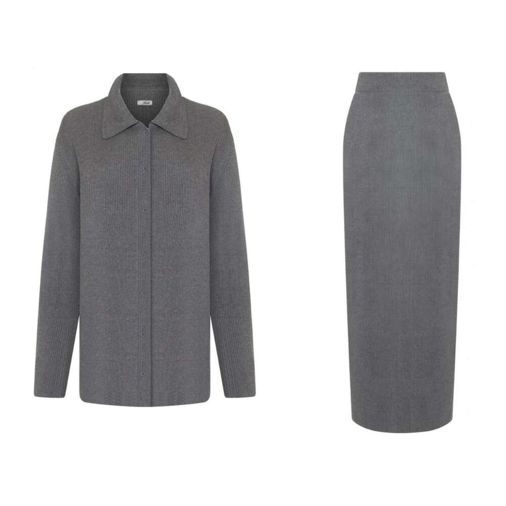 Knitted And Skirt Autumn Winter Polo Collar Cardigan Two-Piece Sweater Set For Women B5