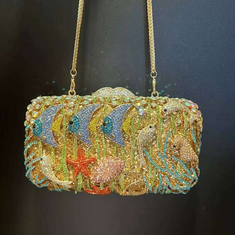 Lady Fish Full Rhinestones Evening Clutch Bags Wedding Stone Day Clutches Purses Metal Minaudiere Handbag Bridal Party Handbags