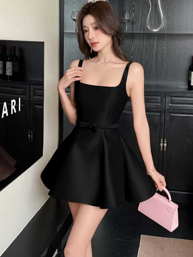 2025 Korean Vintage Luxury Women Pink Satin Chic Bow Bandage Bodycon Mini Dress Summer Elegant Sling Sexy A-Line Dress R250716