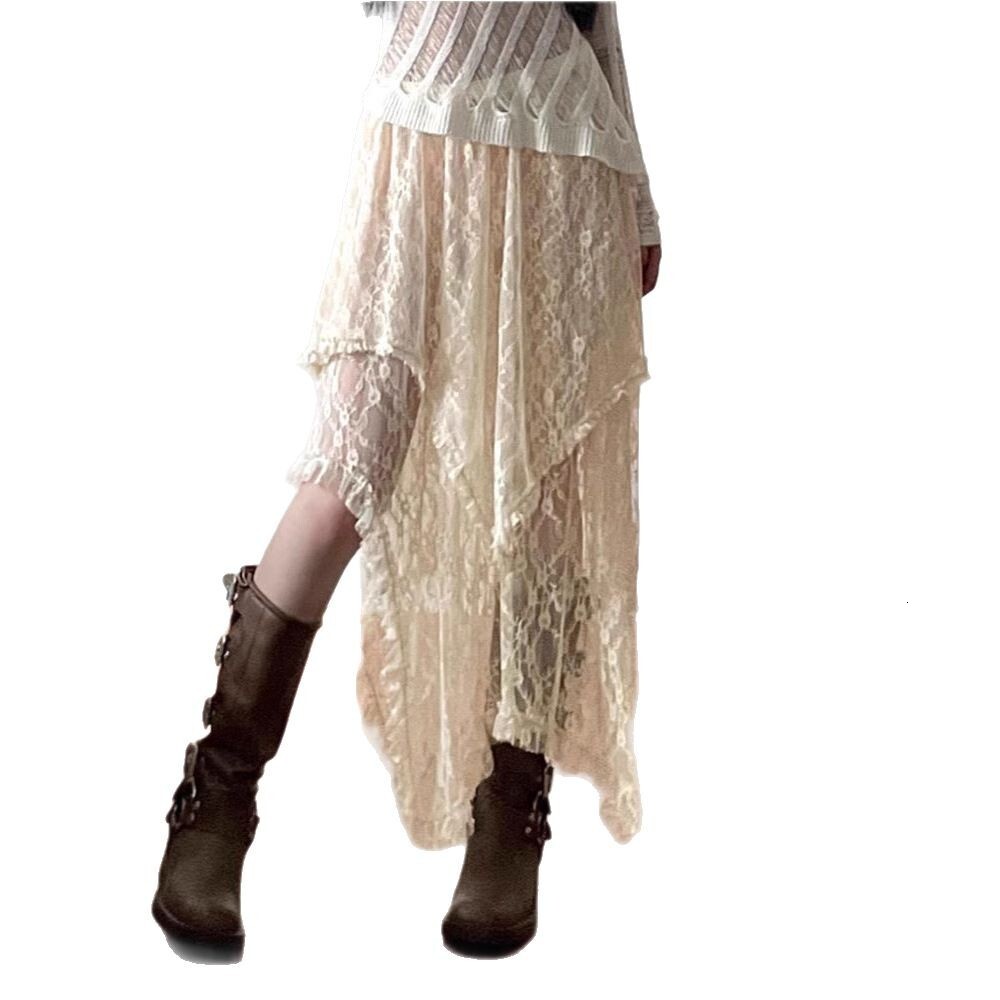 2025 French Style Elegant Apricot Lace Half Skirt Winter Irregular Inner Wear Long Elastic High Waist
