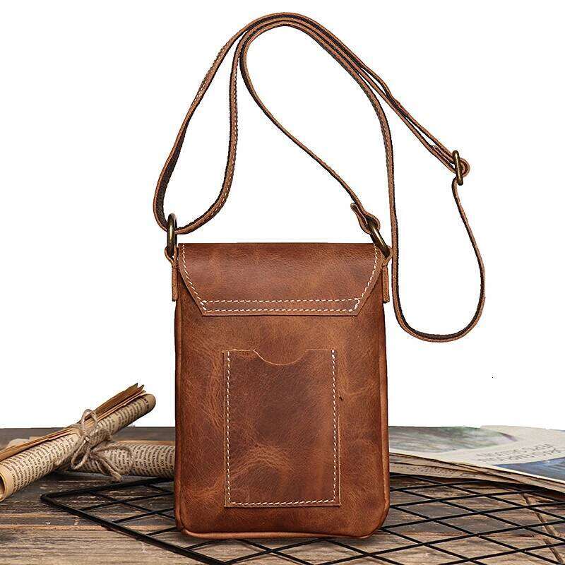 Crazy Horse Leather Small Vintage Sling Crossbody Man Flap Locking Shoulder Simple Men's Phone Key Pocket Bag