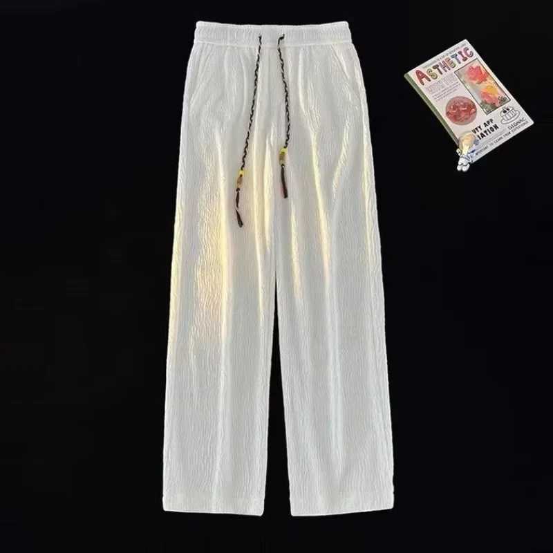 Ice Silk Casual Pants Men Thin Sport Straight Sweatpants Linen White Loose Fold Ankle-Length Walking Trousers Male y250716