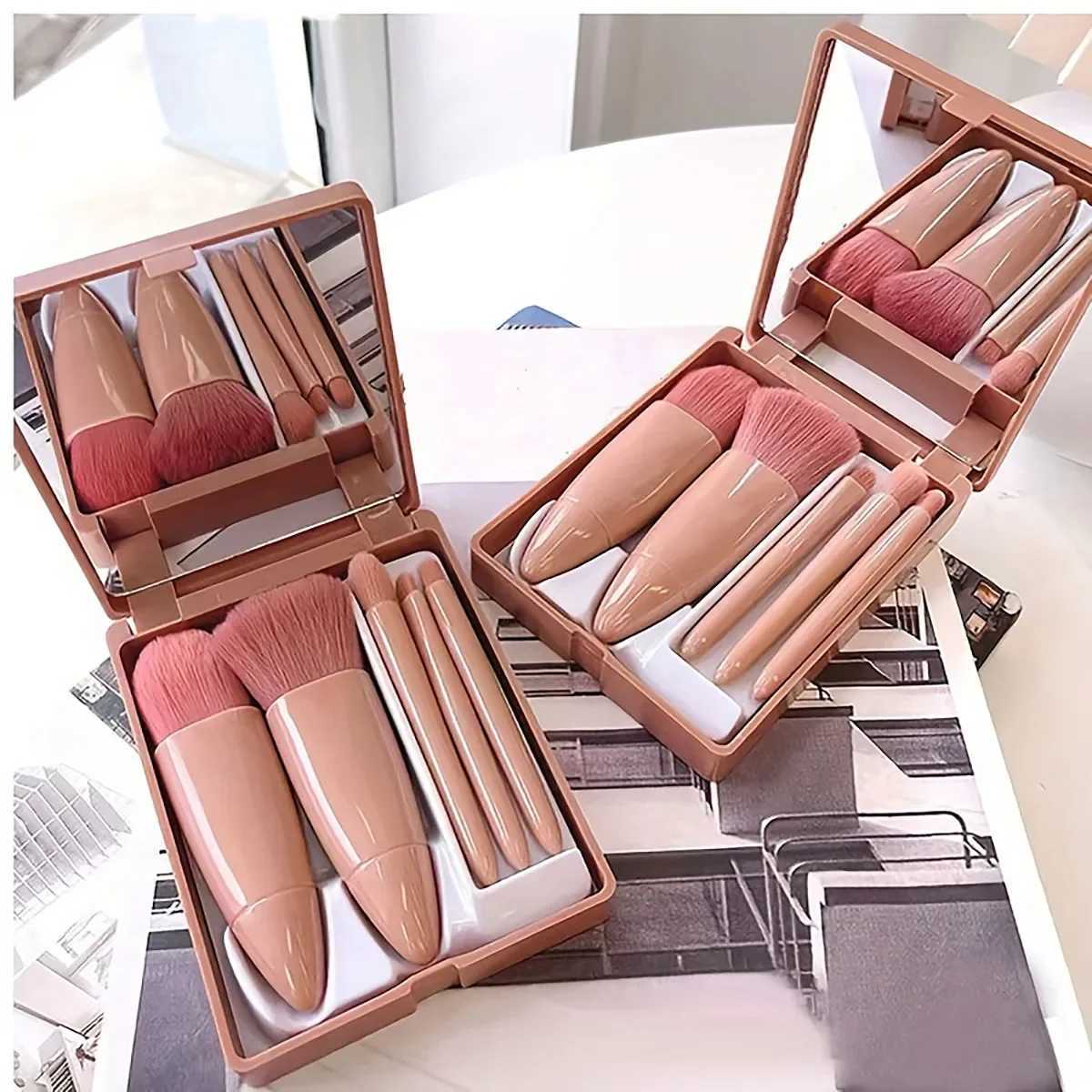 5PCS Portable Makeup Brush Set with Mirror - Foldable Travel Kit Mini Makeup Brush Set Travel Makeup Brush Set XJ2500716