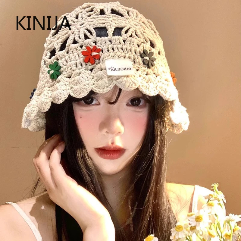 Korean Handmake Bucket Hat Flower Decoration Knitted Hollow Basin Hat Womens Summer Thin Breathable Sunshade Sun Cap Gorras 250715