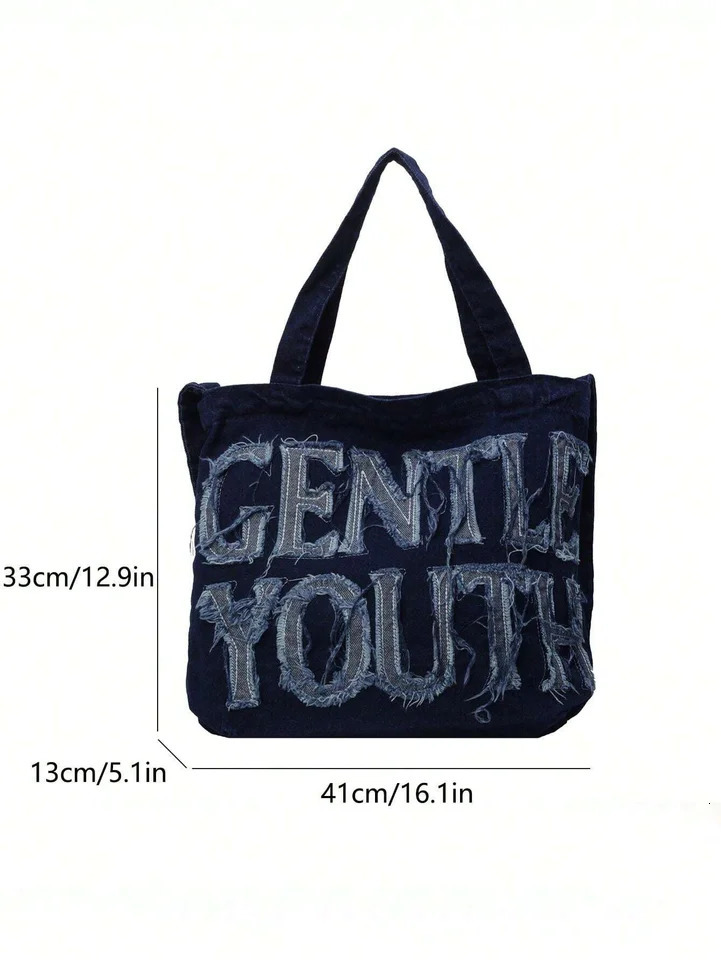 Simple letter denim canvas tote bag large capacity shoulder bag suitable for womens daily use work and commutingA-DH 250714