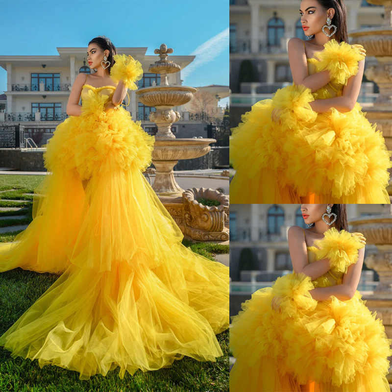 Princess Yellow Prom Gown Ruffles Off Shoulder Layered Tutu Lush Long Train Prom Gowns Tulle Party Dress Trendy Evening Party vestido de novia