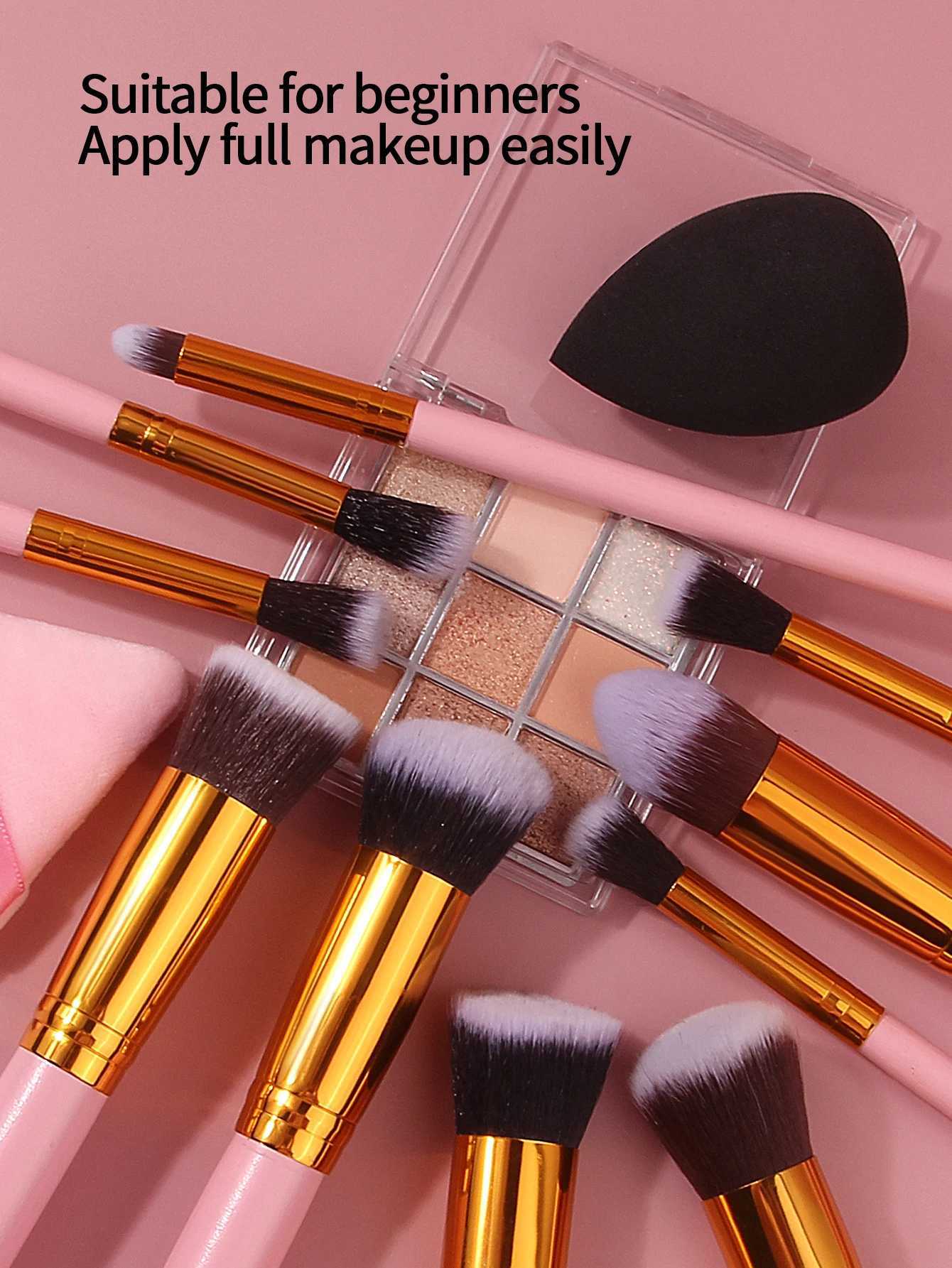 10pcs Pink Wooden Handle Makeup Brush Set with Triangular Powder Puff Sponge Egg Soft Bristles a Beginners Daily Makeup Tool XJ2500716