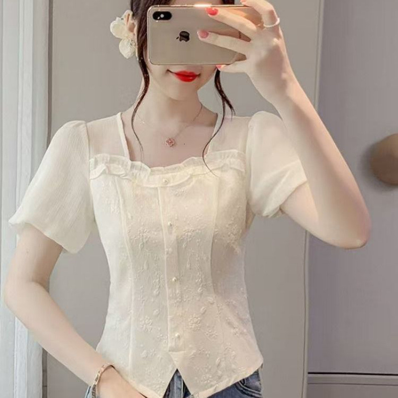Summer New Women S T Shirt French Puff Sleeve Jacquard Shirt For Women Short Sleeve Summer New Sweet And Unique Blouse Stylish Top For Women New Desig