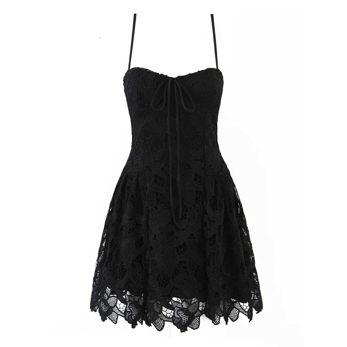 2025 Sexy Black Embroidery Hollow Out Lace Bow V Neck Sling Mini Dress Women Low Waist Pleated Swing Dresses Party Beige Robe R250716