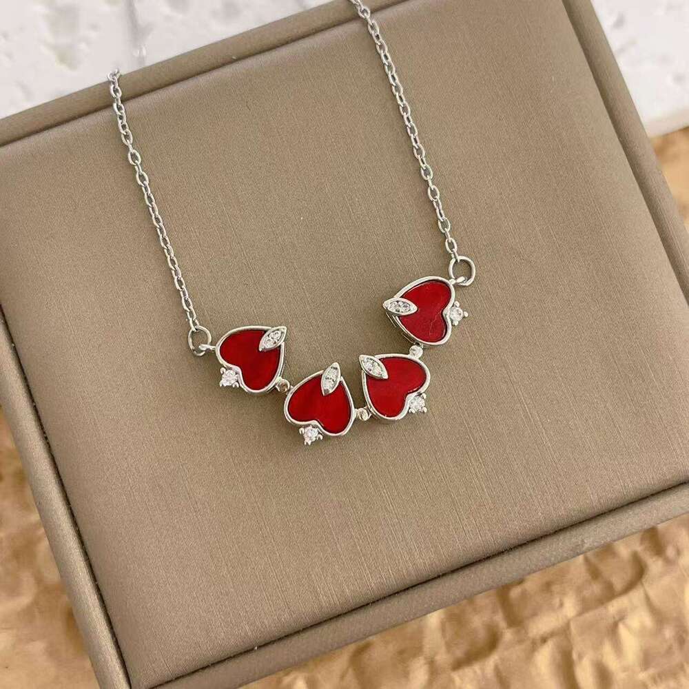 Necklace For Women Red Mother-Of-Pearl Four-Leaf Zircon Live Multi-Way Wear Heart Collarbone Chain Korean Style Internet Celebrity Jewelry D14