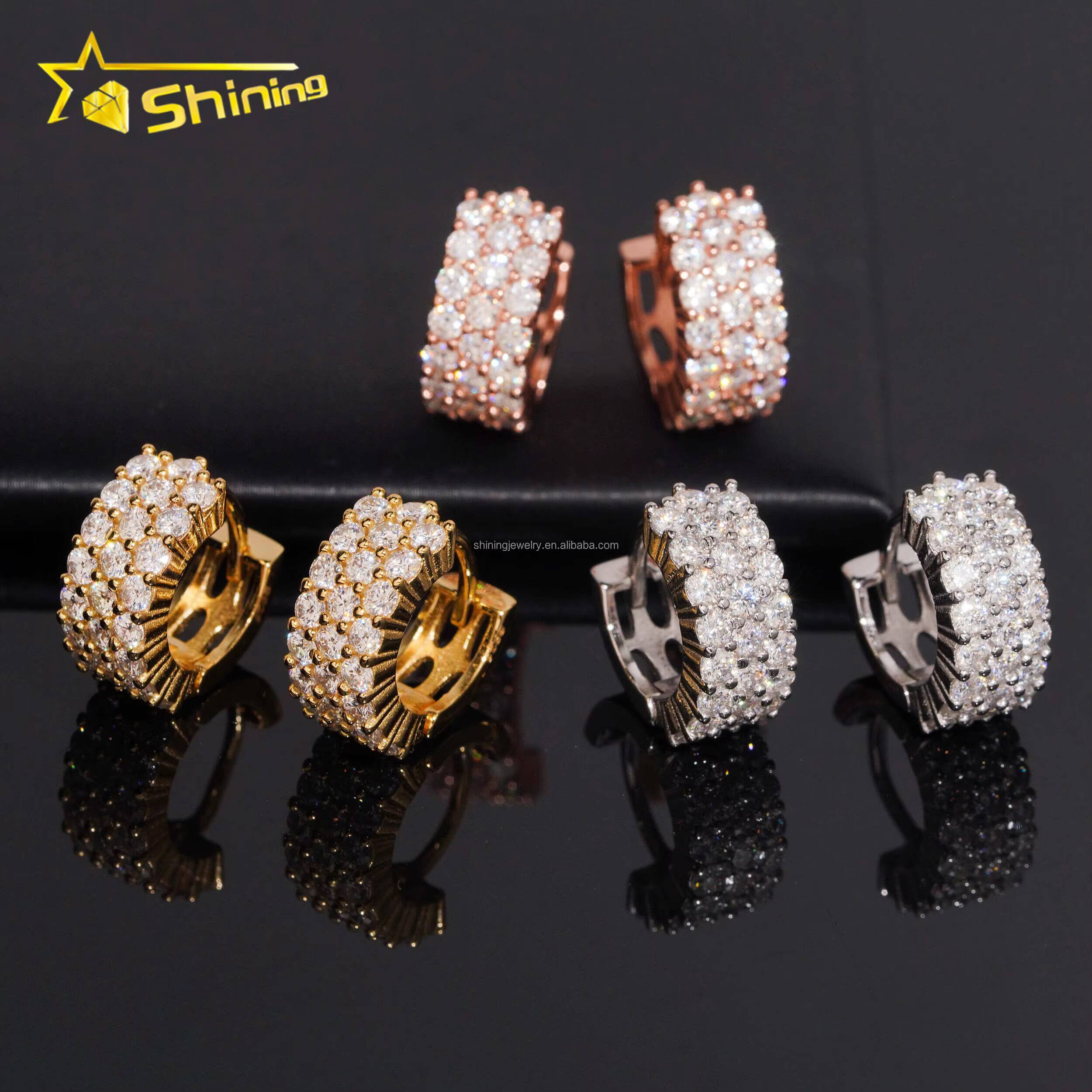 Fashion Rapper Jewelry 3Rows Vvs Moissanite Diamond Hoop Earrings Unisex Hip Hop Iced Out 925 Silver Moissanite Hoop Earrings