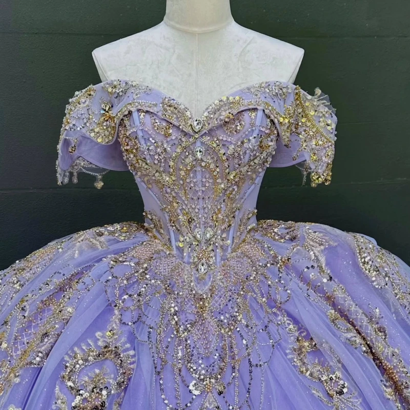 Lavender Quinceanera Dresses Ball Gown Off The Shoulder Sequin Applique Lace Beading Tull Party Birthday Sweet 16 Dress Vestidos De 15 Anos