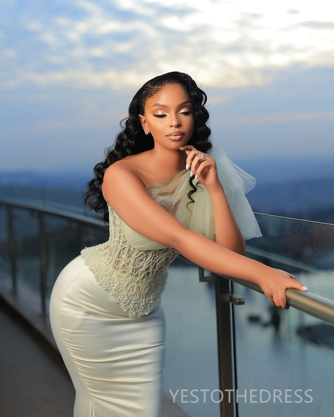 2025 One Shoulder Ivory Aso Ebi Prom Dress African Mermaid Prom Dresses Evening Formal Gowns Beaded Lace Birthday Dress Second Reception Gown AM2512