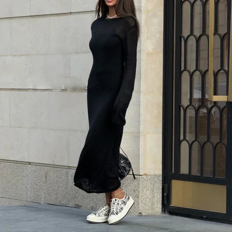 Spring Autumn O-Neck Elastic Knit Long Dresses Women Elegant Chic Soft Lady Hollowing Sweater Dresses Femme 250715