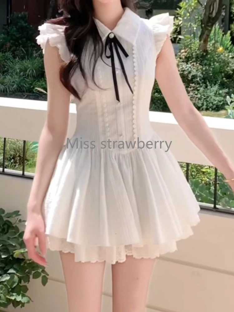 Summer France Elegant Lapel Slim White Dress Women Design Sweet Lace Bow Preppy Style Dresses Fashion Thin New Short Dresses R250716
