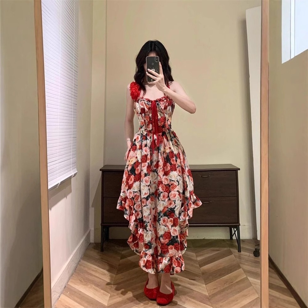 2025 Vacation Style Pure Desire Sensual Sister Irregular Summer New Women's Dress Red Floral Design Long