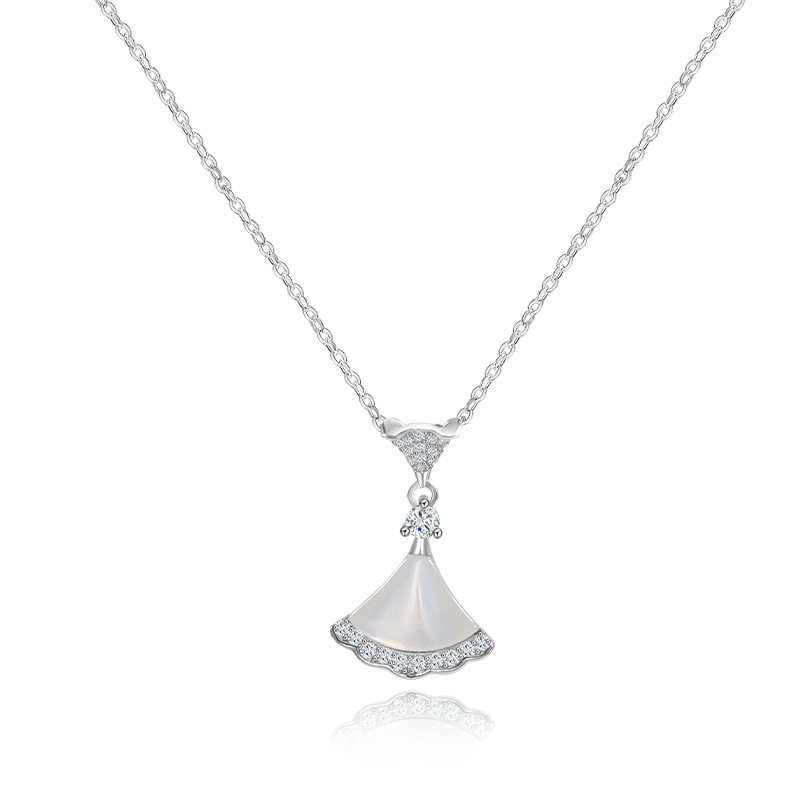 Silver - Toned Fan - Shaped Pendant Necklace With White Mother - of - Pearl And Rhinestone Accents Elegant Daily And Special Occasions Gift For Her Fa